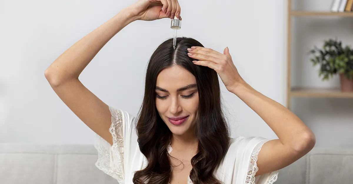 Woman applying Minoxidil