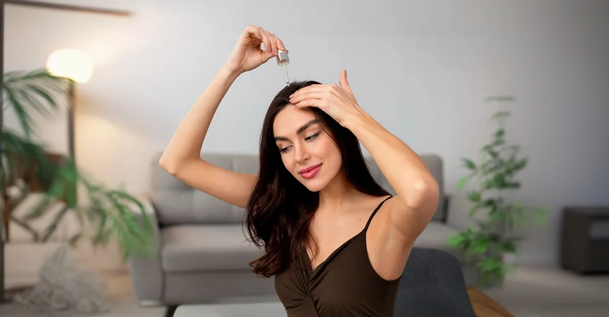 Minimizing chemical treatment effects, woman applying hair serum