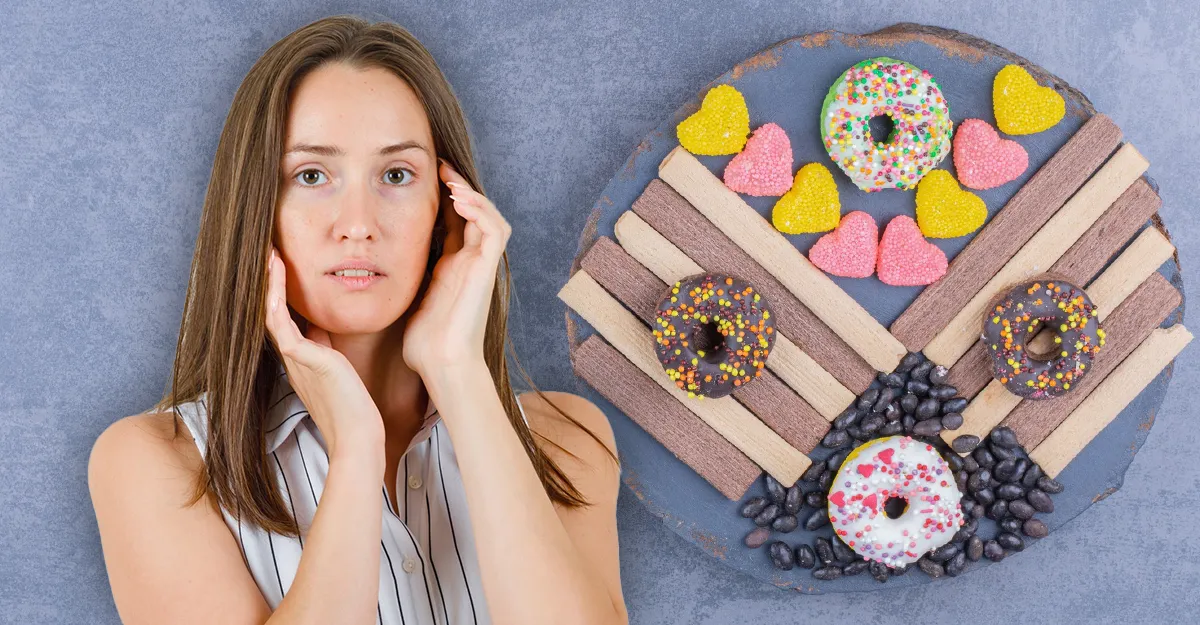 Impact of Sugar on Skin Aging, worried woman and sweet treats in the background