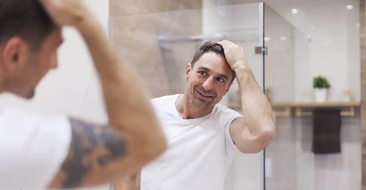 Role of Hormones on Hair Health, man looking at his hair in the mirrow